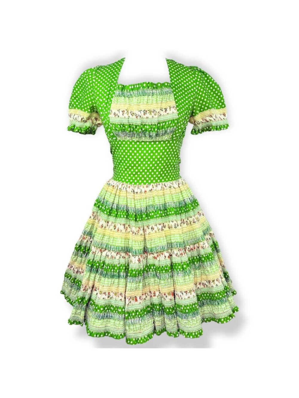 Vintage 1970s Green Polka Dot Floral Smocked Swing Dance Dress + Bloomers XS
